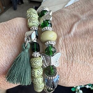 Butterfly Charm Green and Silver Bracelet Set